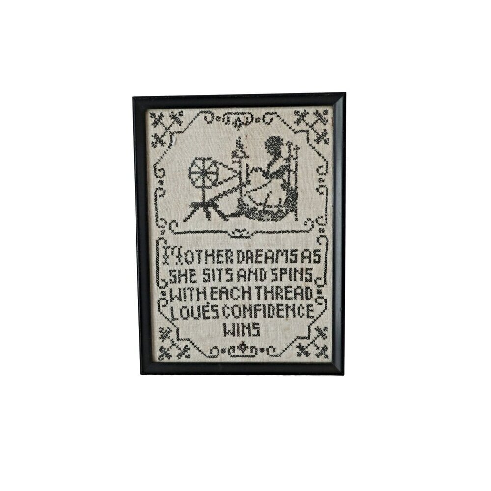 Vintage Cross Stitch Sampler Early 1900s "Mother's Dream" Poem Spinning Wheel